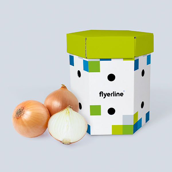 Custom-printable white Onion and Garlic Box filled with onions