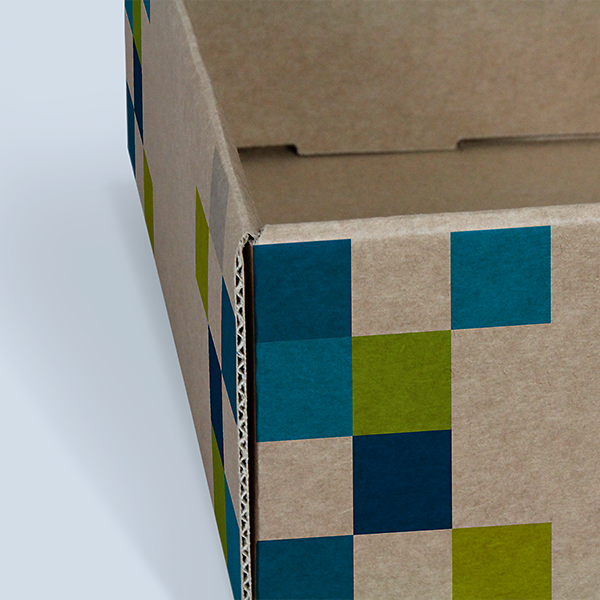 Close-up of the corner and folded rim of a natural cardboard Stackable Box