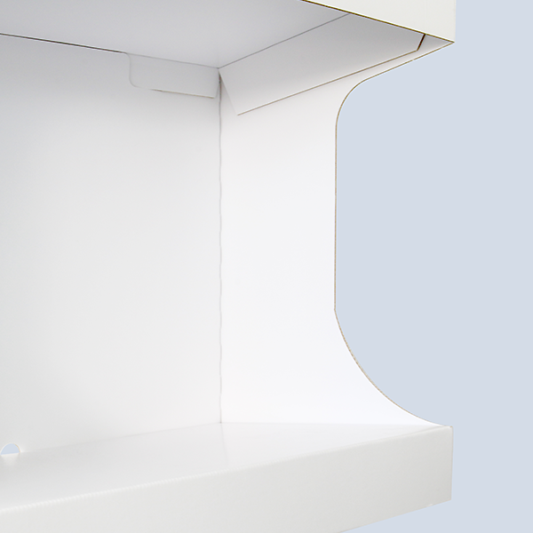 Close-up of the shelves on a white retail display