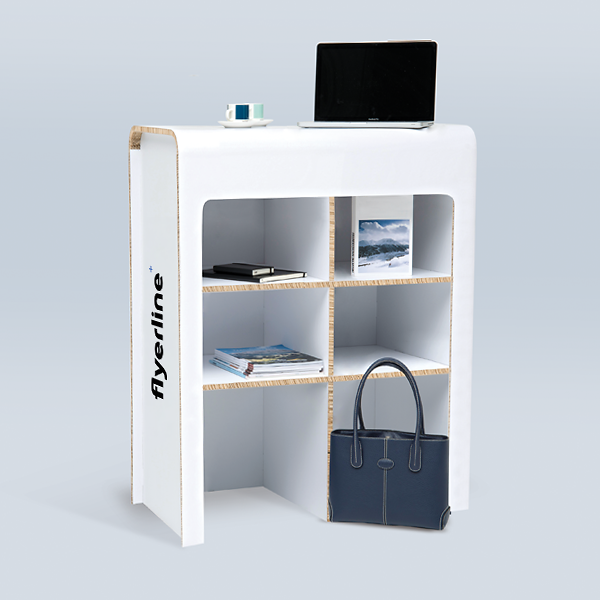 Small cardboard exhibition Counter with storage shelves at the rear