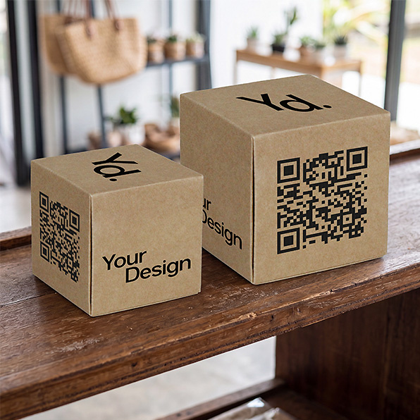 Zwei braune Dekowürfel mit Logo und QR-Code zur Werbung im Verkaufsraum
