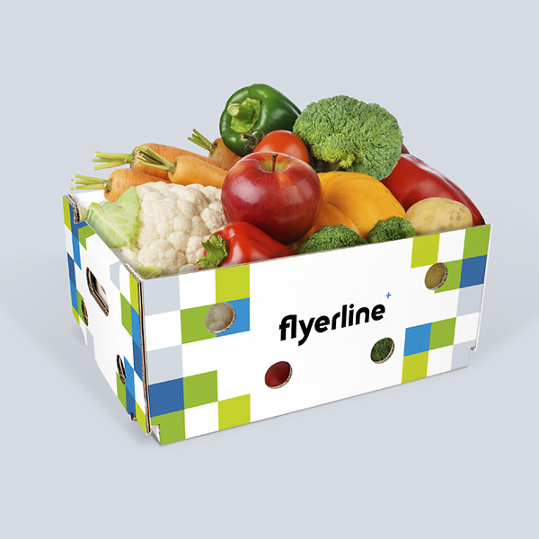 Weisser Obstkarton mit Obst und Gemüse für den Verkauf