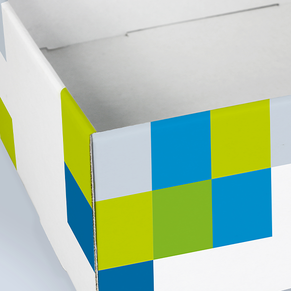 Close-up of the corner and folded rim of a white Stackable Box